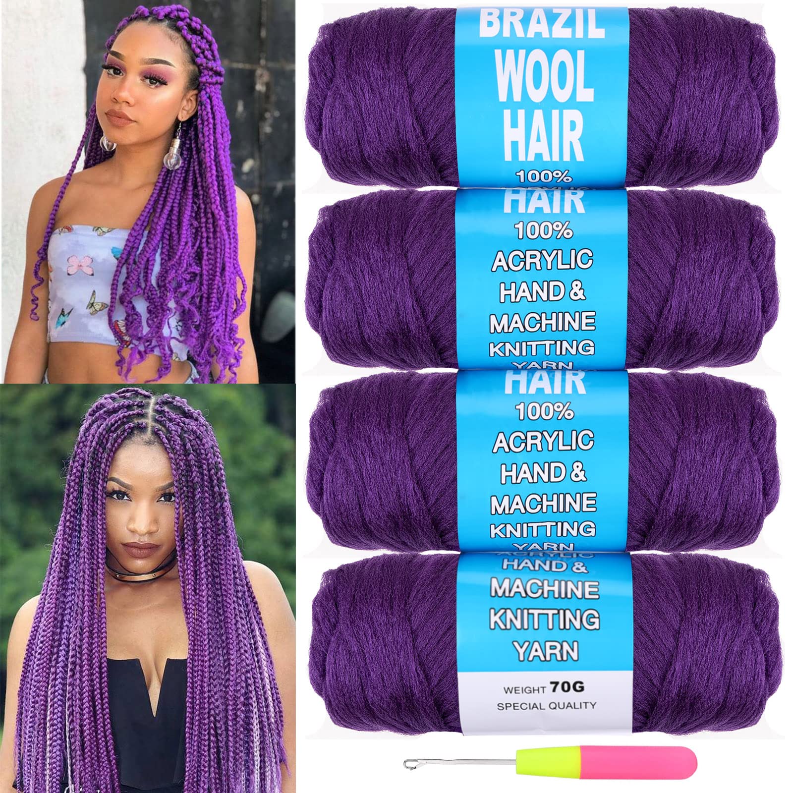 Amazon.com: COOKOO 4 Roll Purple Brazilian Wool Hair Yarn for Box